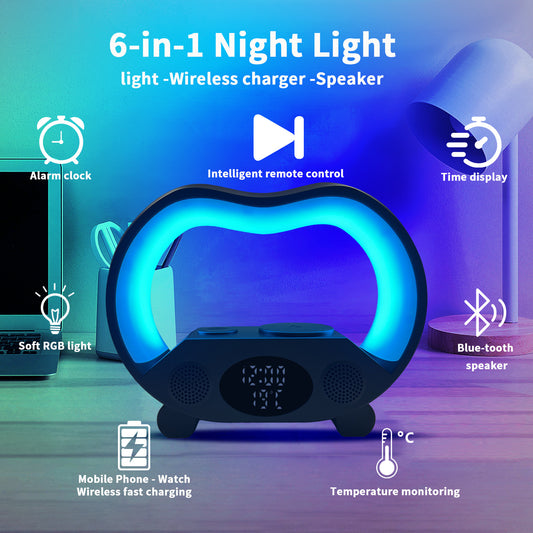 New 6 In 1 Smart Remote Control Bluetooth Ambience Intelligent LED Table Lamp Multi-function Wireless Charger Night Light Bluetooth Speaker
