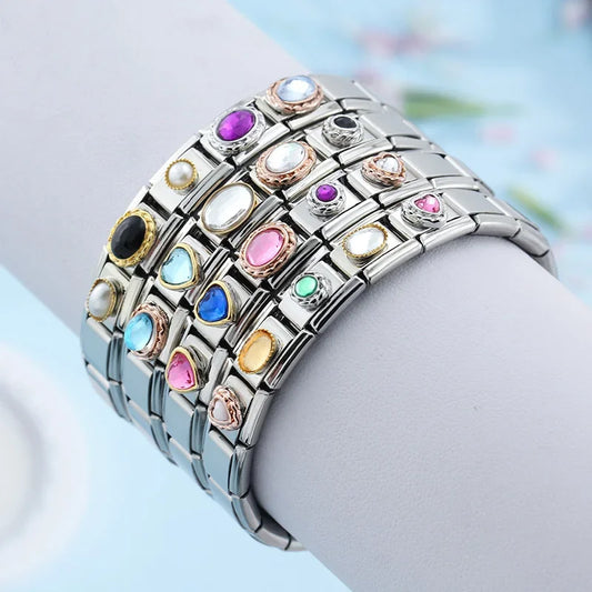 Daisy Fashion Heart Ellipse Color CZ Italian Charm Links Fit 9mm Bracelet Stainless Steel Jewelry