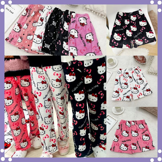 Sanrio Hello Kitty Anime Y2k Kawaii Flannel Pajamas Women'S Warm Woolen Cartoon Casual Home Pants